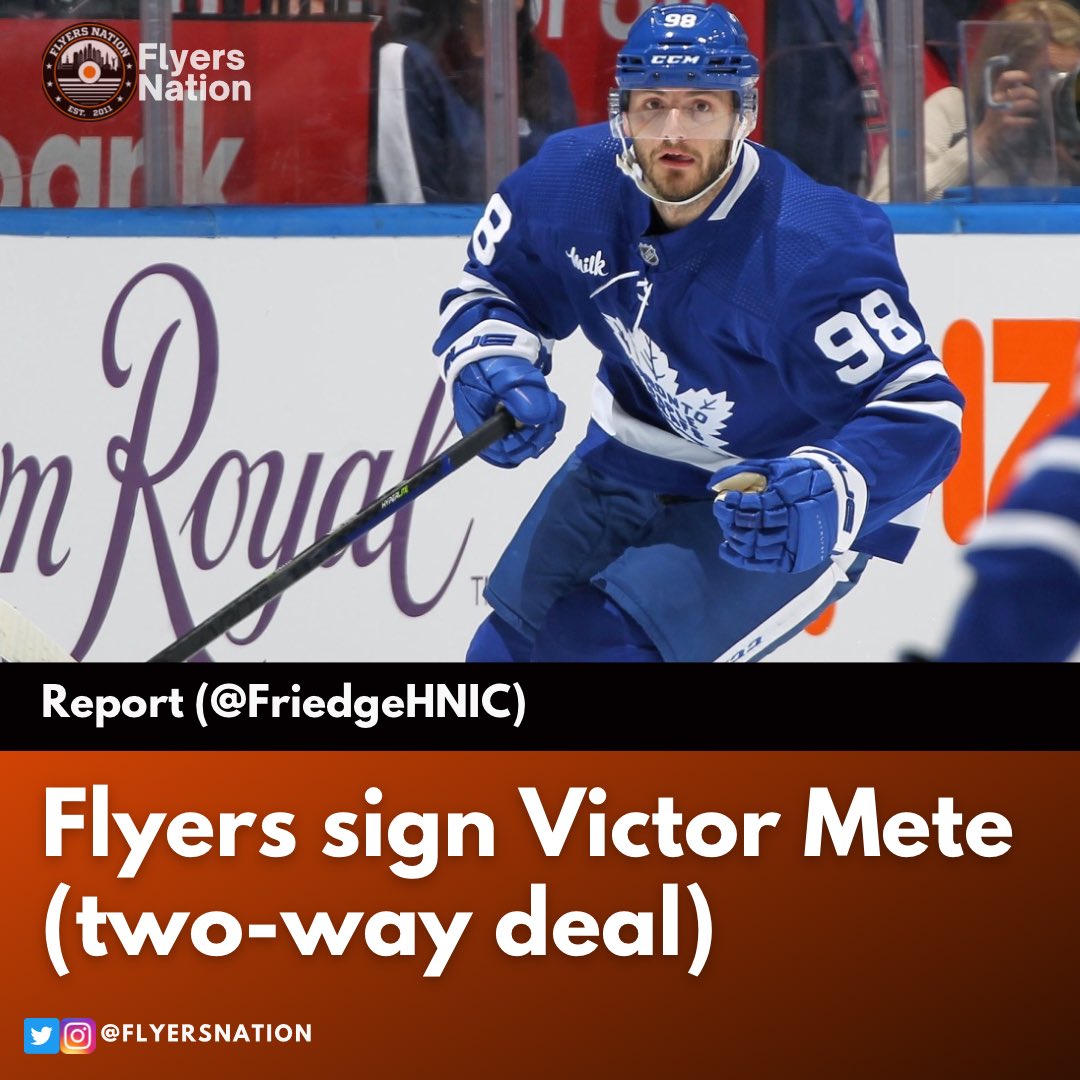 The #Flyers are reportedly signing defenseman Victor Mete to a two-way deal ($775K/$450K). 

The 25 year old had two assists in 11 games for the Maple Leafs last season (6 AHL games). 

He has 45 points (5 G, 40 A) in 247 NHL games with Montreal, Ottawa, and Toronto.