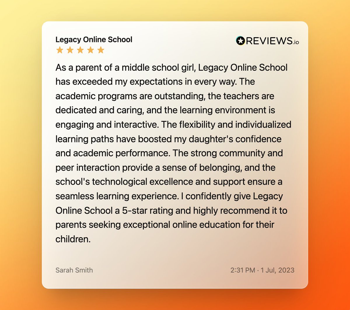 🌟 We are thrilled to receive such an amazing review from one of our parents! 🎉📚

#LegacyOnlineSchool #ExceptionalEducation #ParentFeedback #OnlineLearning #EngagingEnvironment #EmpoweringStudents