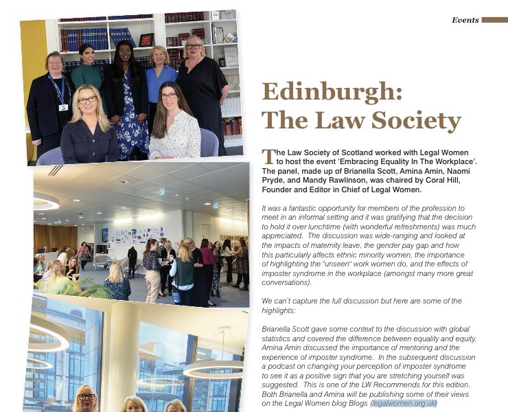 The @Lawscot recently worked with Legal Women to host the event 'Embracing #Equality In The Workplace'. The panel, made up of @BrianellaScott, Amina Amin, @Naomi_Pryde & Mandy Rawlinson, was chaired by @coralhill1. Read more about the event here: lnkd.in/ePF6Qvpm