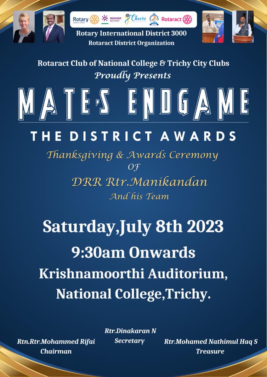 3000Rotaract's tweet photo. We cordially invite you all to the District Awards -  "MATE'S END GAME" on 08th July 2023, in National college, Trichy 

#Seyal #Rotaract3000 #Rotary3000 #Rotaractor #Rotaract #Rotary https://t.co/KW5BWiRnFz