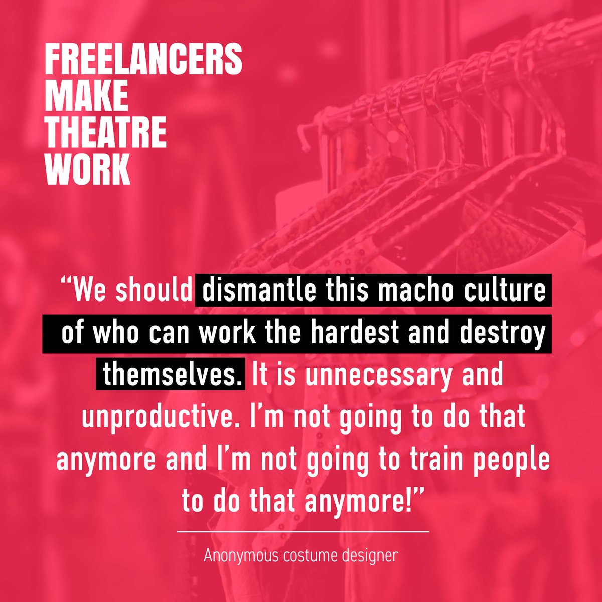 FreelancersMake's tweet photo. “We should dismantle this macho culture of who can work the hardest and destroy themselves. It is unnecessary and unproductive. I’m not going to do that anymore and I’m not going to train people to do that anymore!”

#FreelancersMakeTheatreWork https://t.co/0Bgja5S80Y