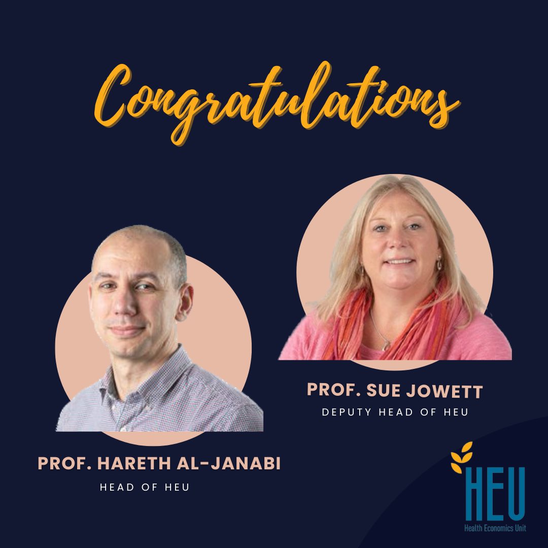 Health Economics Unit, Birmingham (@heu_uob) on Twitter photo Congratulations to Prof. Hareth Al-Janabi (<a href="/HajBrum/">Hareth Al-Janabi</a>) on becoming the Head of the HEU, and Prof. Sue Jowett (<a href="/SusieJ71/">Sue Jowett</a>) as the deputy head of HEU. Wishing them every success in their new roles. Congratulations to Prof. Hareth Al-Janabi (<a href="/HajBrum/">Hareth Al-Janabi</a>) on becoming the Head of the HEU, and Prof. Sue Jowett (<a href="/SusieJ71/">Sue Jowett</a>) as the deputy head of HEU. Wishing them every success in their new roles.