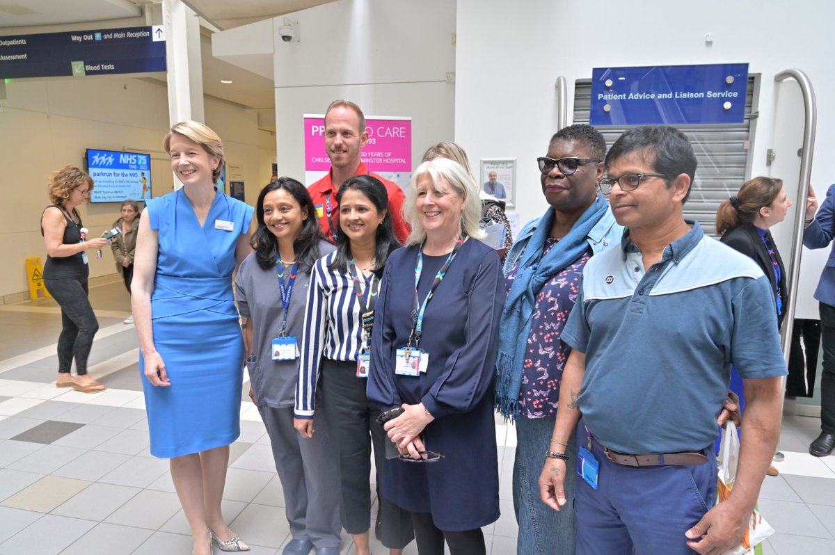 To mark #NHS75, <a href="/NHSEngland/">NHS England</a> Chief Executive, <a href="/AmandaPritchard/">Amanda Pritchard</a> joined our CEO Lesley Watts and staff members at Chelsea and Westminster Hospital in wishing NHS a happy 75th Birthday. Amanda and Lesley shared their messages of thanks to NHS colleagues for their incredible service.