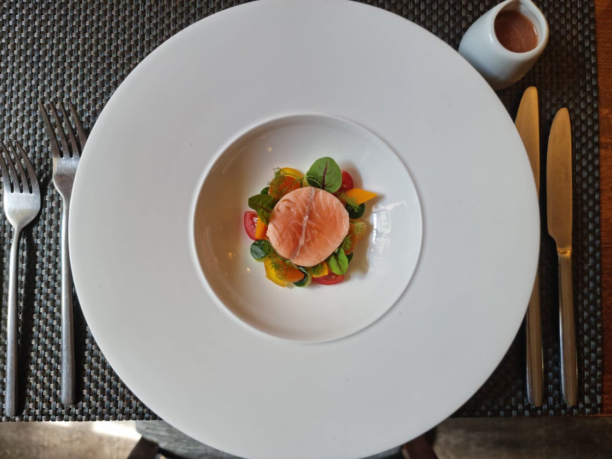 Fish starter on the lunch menu, cured and slow poached salmon with a tomato and pepper gazpacho #purslaneedinburgh #stockbridge #lunchmenu #salmon