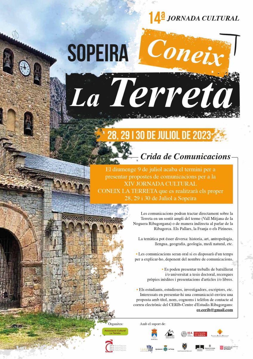 CECERIb's tweet photo. 28-30 juliol a @Huesca_Sopeira: 14ª Jornada Cultural Coneix la Terreta.Termini per a presentar propostes: diumenge 9 juliol a: ce.cerib@gmail. @ribagorzaturism @CCAltaRibagorca @turismepallars @ConsellJussa @AjTremp @iramunt @iea_huesca @BibliotecaIEA @IEILleida @ccentresestudis https://t.co/FcY8S9tbSv
