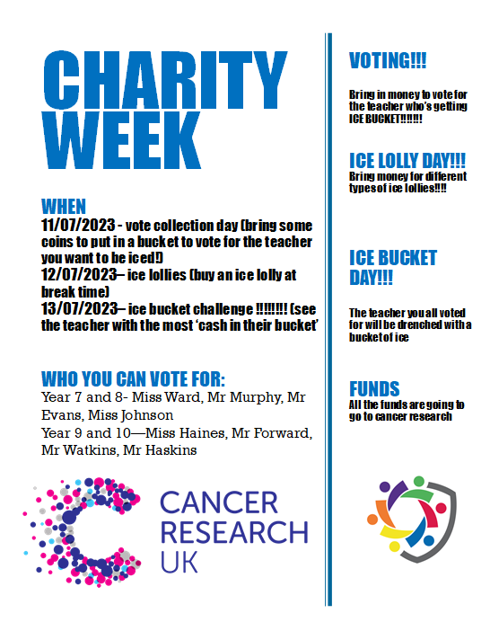 Can't wait to see what's happening at Charity Week next week!  Which activity would you like the most?
#charity 
#CancerResearch