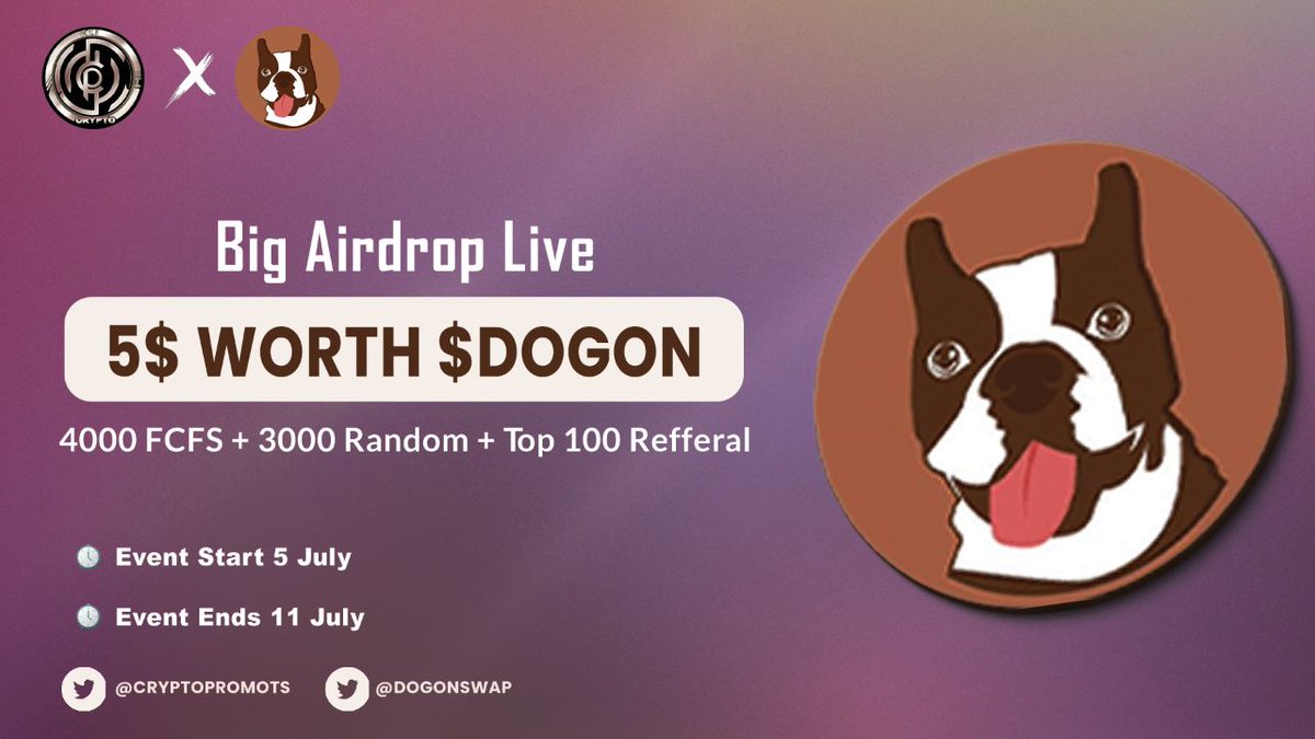 🔥 DOGON Swap X Crypto Promoter 

🎁 5$ Worth $DOGON For 4000 FCFS Users and 3000 Random Users 

✅Follow <a href="/dogonswap/">Dogonswap</a>
✅Like &amp; RT &amp; Tag 3 Friends 
✅ Airdrop Link  : 
gleam.io/competitions/G…

#Airdrops #Giveaway #crypto #airdropcrypto #airdrop