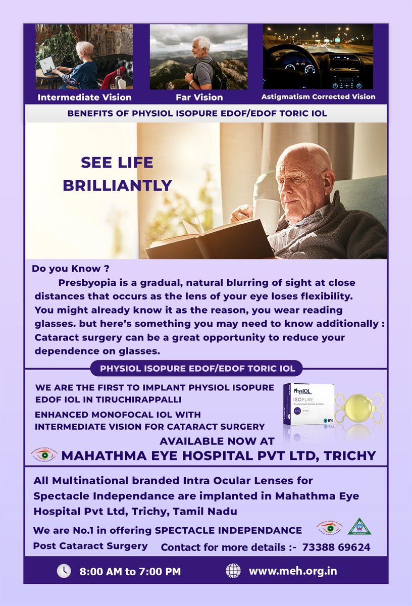mahatmaeyehosp7's tweet image. Physiol Isopure EDOF IOL Lens for Cataract Surgery is now available at Mahathma Eye Hospital Pvt Ltd, Trichy

#Eyecare  #Eyes #EyeProblem #EDOFIOL
#IOLLENS #Clearvision #EyeHospital #eye  #EyeHealth #Health  #oldage #Cataract #Lens #Retina #eyeball