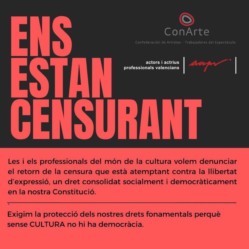 Sense cultura no hi ha democràcia 🎼✊ #EnsEstanCensurant
#CulturaSenseCensura