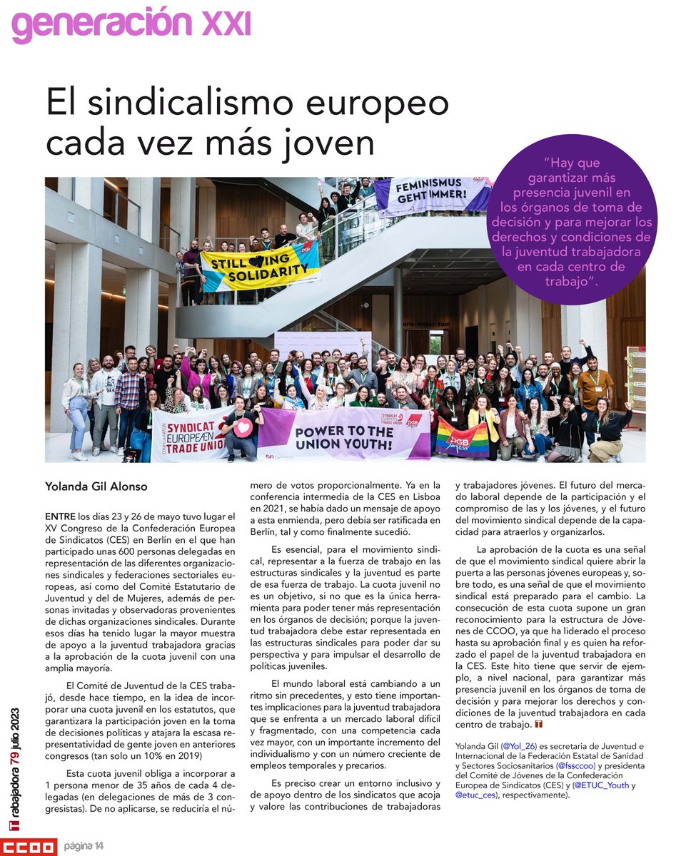 RevTrabajadora's tweet photo. "El sindicalismo europeo cada vez más joven", de Yolanda Gil @Yol_26 @fssccoo @ETUC_Youth @etuc_ces   
Nuevo número de la revista "Trabajadora" aquí: https://t.co/tsYYn5xIdF https://t.co/de0ou8jfoY