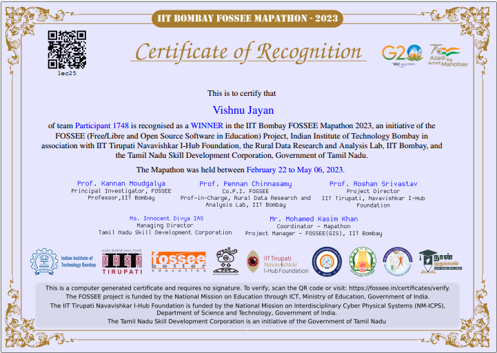 vishnu__jn's tweet image. 🌟 I am thrilled to be recognized as a winner in the IIT Bombay FOSSEE Mapathon 2023! 🗺️#Mapathon #OpenSourceMapping #FOSSEE #IITBombay #Winner