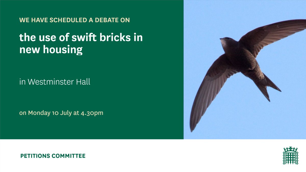 We have scheduled a Westminster Hall debate relating to the use of swift bricks in new housing for Monday 10 July at 4.30pm.

The debate will be opened by <a href="/Matt_VickersMP/">Matt Vickers MP</a>.

A petition created by <a href="/WriterHannahBT/">Hannah Bourne-Taylor</a> on this topic received over 109,000 signatures.