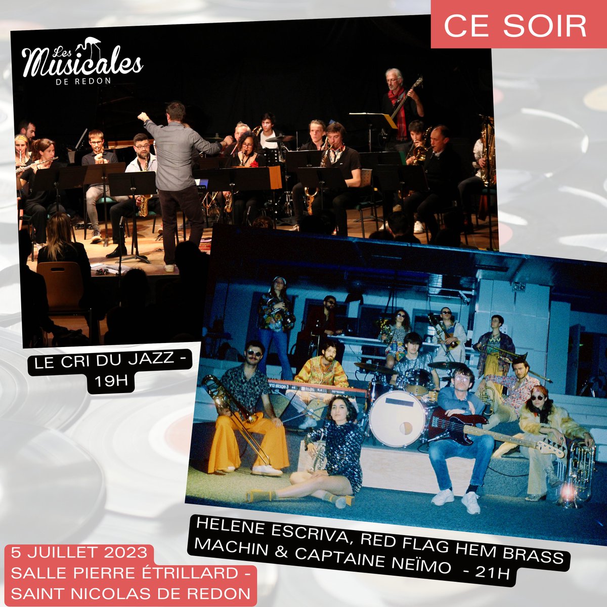 Musicales_Redon's tweet photo. 🎼Il y a encore des places pour les 2 concerts de ce soir à la Salle Etrillard à Saint-Nicolas-de-Redon !🎼

*Concert : "Le cri du Jazz" : 19h00
*Concert : " Hélène Escriva, Red Flag Hem Brass Machin &amp; Captaine Neïmo : 21h00

C'est une soirée que vous n'oublierez pas de sitôt ! https://t.co/sjGEgXHira