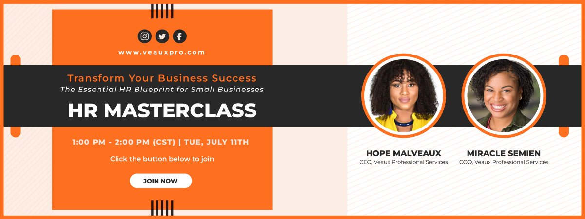 VeauxProHR's tweet image. 🔥MASTERCLASS ALERT🔥: Unlock the Secrets of Human Resources! 🚀

💪 Reserve your spot NOW!
👉 hr-masterclass.eventbrite.com 👈

#HRMasterClass #SmallBusiness #EmpowerTalent #PositiveCulture #BusinessGrowth