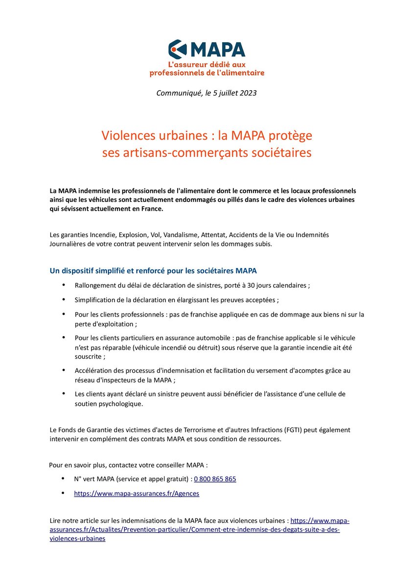 MAPA Assurances (@mapa_assurances) on Twitter photo Violences urbaines : la MAPA protège ses artisans-commerçants sociétaires impactés et met en place un dispositif simplifié et renforcé pour leur indemnisation. Violences urbaines : la MAPA protège ses artisans-commerçants sociétaires impactés et met en place un dispositif simplifié et renforcé pour leur indemnisation.