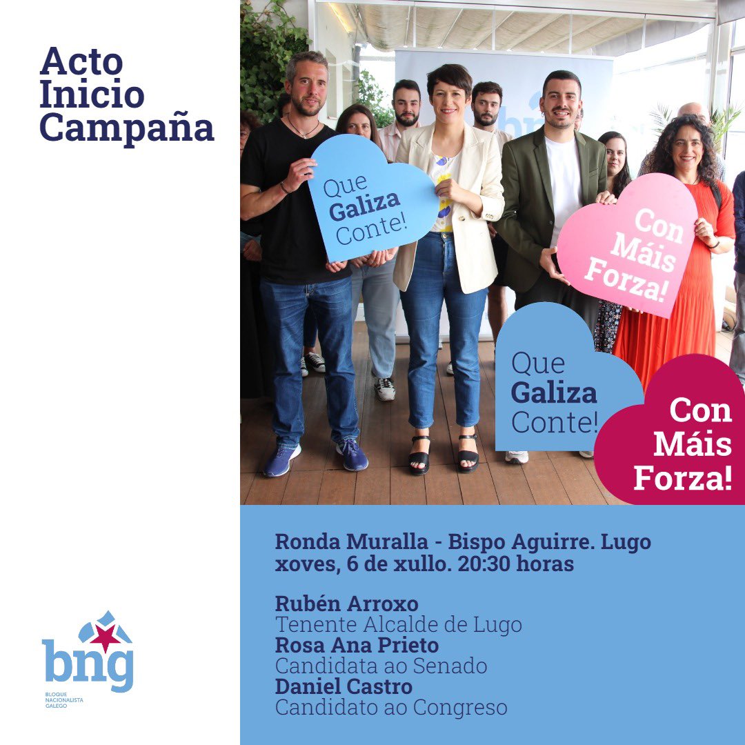 galizanovalugo's tweet photo. Comeza a campaña para o #23X !!!
O vindeiro xoves 6 ás 20h agardamoste na esquina da Ronda da Muralla con Buspo Aguirre xunto a #DanielCastro e #RosaAnaPrieto
Con forza, ganas e ambición imos a lograr grupo propio do #BNG porque queremos que Galiza conte! 💙
Agardamoste!!! https://t.co/TvAL3mwChh