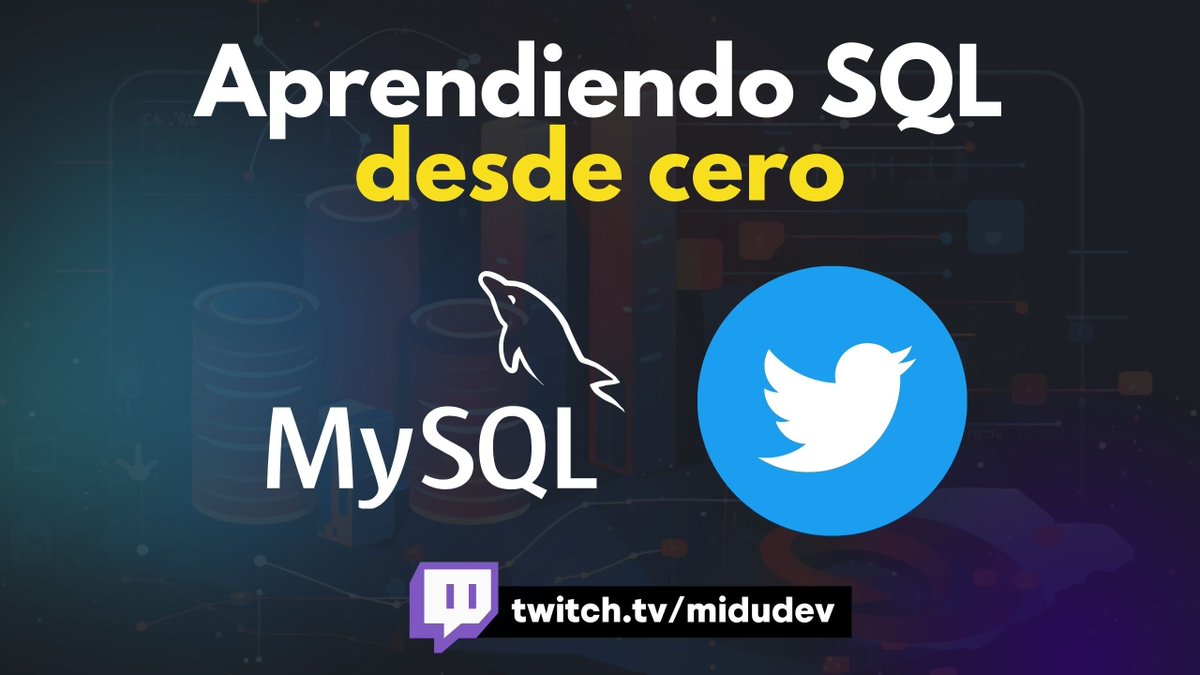midudev's tweet photo. ¡HOY tenemos CURSO de MySQL!

Vamos a crear la Base de Datos de Twitter paso a paso.
〉 Crear tablas y campos
〉 Insertar y actualizar información
〉 SELECTs avanzados y JOINs
〉 Claves Primarias y Foráneas
〉 Uso de TRIGGERs

Nos servirá de base para el curso de Node.js que haremos el 20 de julio.

Horario por países:
18H 🇪🇸
17H 🇮🇨
13H 🇺🇾 🇦🇷 🇨🇱
12H 🇵🇾 🇹🇹 🇧🇴 🇻🇪 🇩🇴
11H 🇨🇴 🇵🇪 🇪🇨 🇵🇦
10H 🇲🇽 🇨🇷 🇳🇮 🇸🇻 🇭🇳