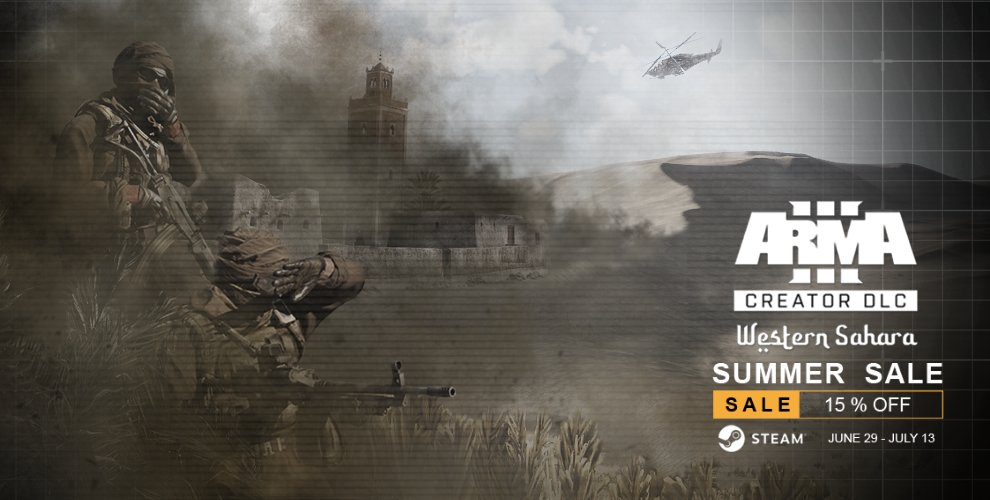 Quick reminder: The ☀️Steam Summer Sale☀️ is still currently happening, and we even build a pretty picture for it. \o/ Fancy a walk over the vast dunes of the Sefrawi Desert? If you don't have it yet, grab our 🐪Arma 3 Creator DLC: Western Sahara🐪 here -> store.steampowered.com/app/1681170