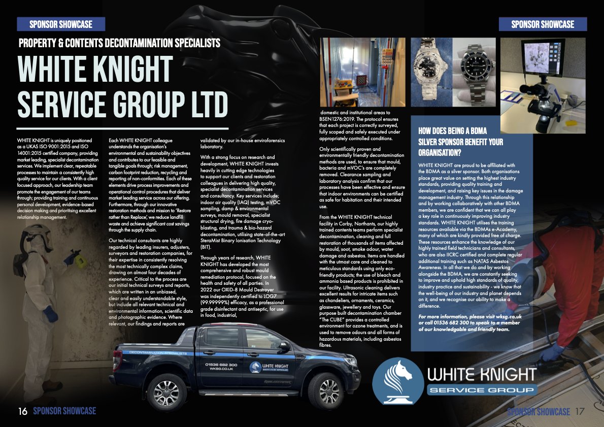 WhiteKnightHQ's tweet photo. WHITE KNIGHT are delighted to be featured in the latest @TheBDMA The Standard magazine - follow the link to check out the full article showcasing our #decontamination and #restoration capabilities! 😎💪🌿 https://t.co/6oOvtpof8Q https://t.co/zuJ8b7oeph