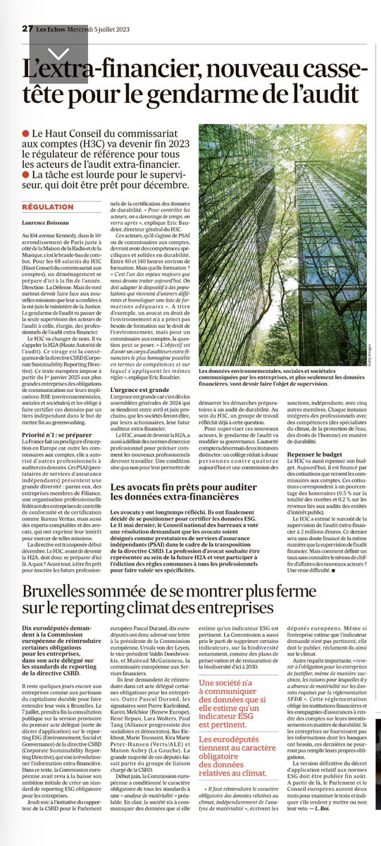 Chères consœurs chers confrères : Les nouvelles sont bonnes : Article ce jour dans Les Échos sur la certification des données extra financière ! Cela va arriver vite . Tenons nous prêts ! ⁦<a href="/IFECsyndicat/">IFEC</a>⁩ ⁦<a href="/IFECParisIDF/">IFEC PARIS Ile-de-France</a>⁩