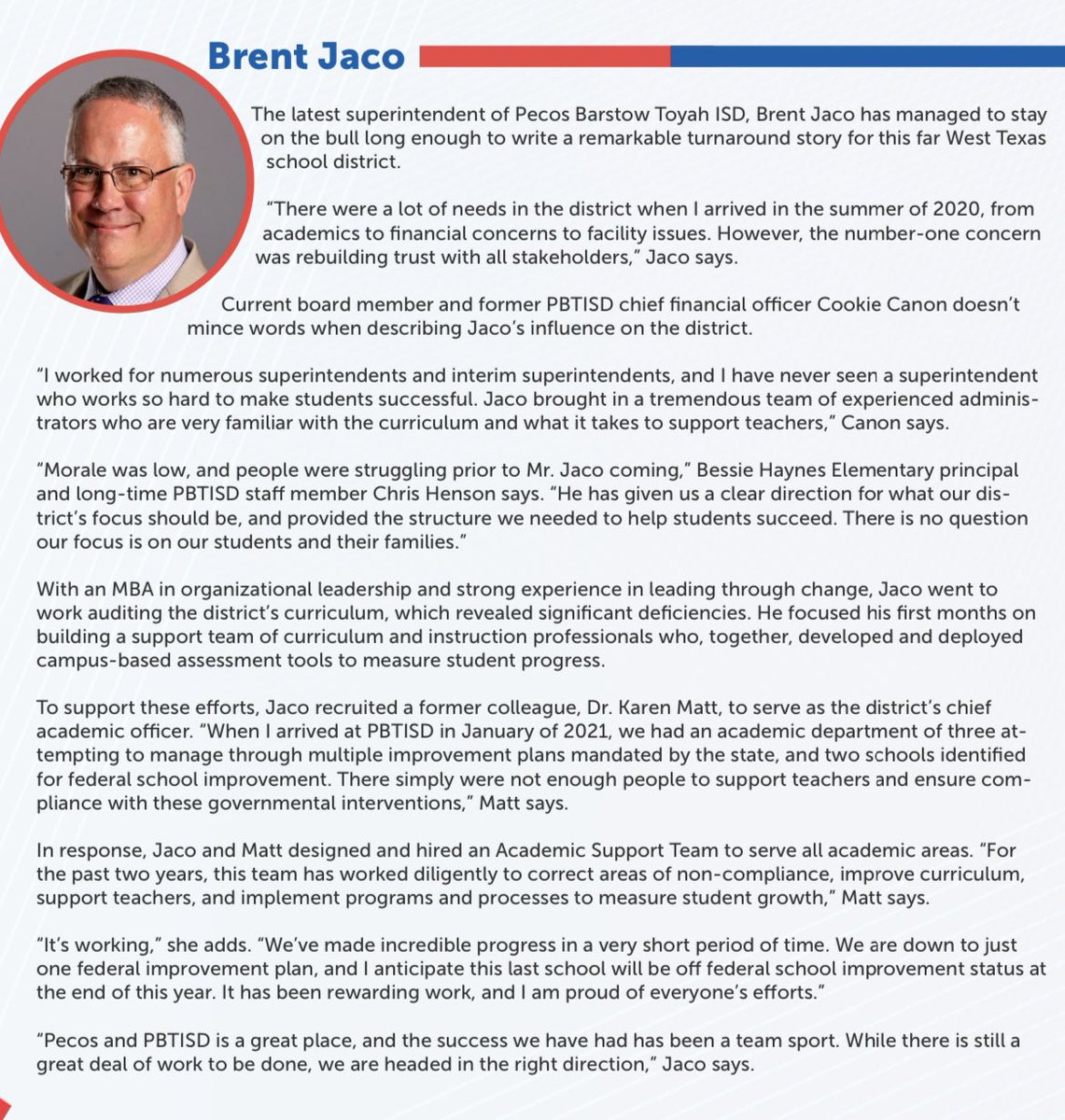 So proud of my friend and colleague <a href="/bjaco/">Brent Jaco</a> for the incredible turn around he and his team <a href="/kmatt922/">Karen Matt</a> have done at <a href="/pbtisd/">Pecos-Barstow-Toyah ISD</a> #LeadershipMatters 
s3.amazonaws.com/document.issuu…
