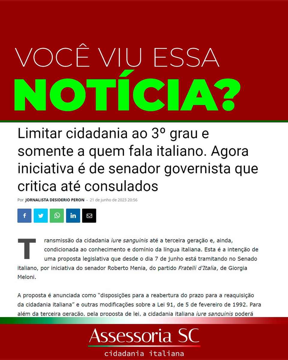 cidadania_sc's tweet photo. Esta é a intenção de uma proposta legislativa que desde o dia 7 de junho está tramitando no Senado italiano.

E se isso acontecer, você já está com a sua CIDADANIA ITALIANA garantida?

#italia #europa #cidadaniaitaliana #cidadania #cidadaniaeuropeia #duplacidadania https://t.co/KkT9gdj3D2