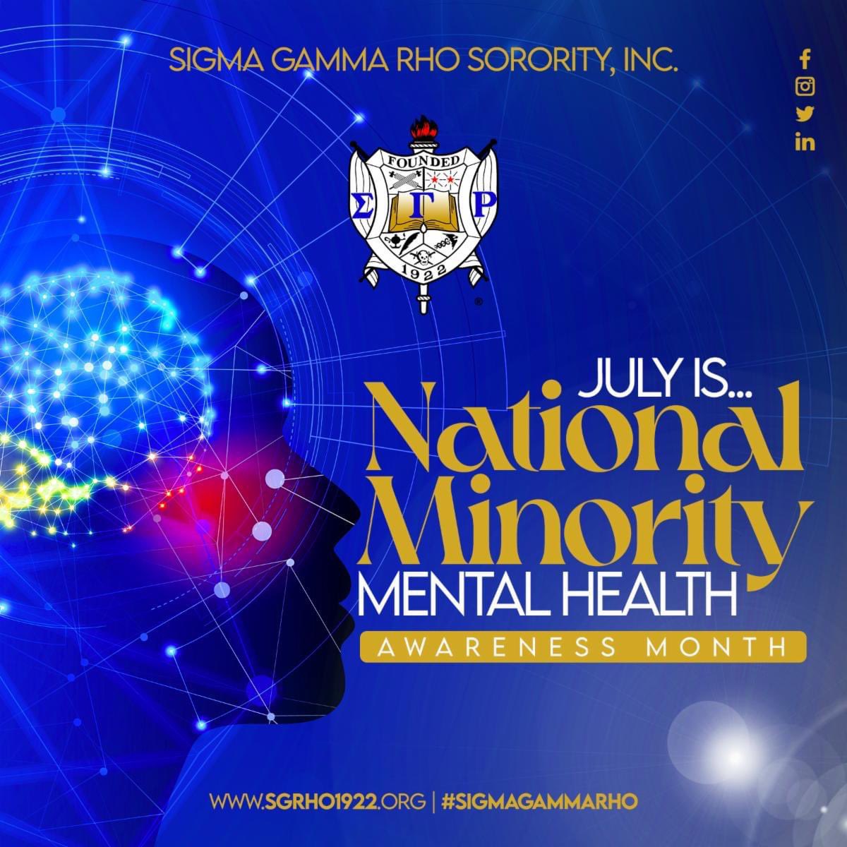 AISPoodles's tweet photo. Did you know that July is Minority Mental Health Awareness Month?
Sigma Gamma Rho Sorority, Incorporated encourages you to prioritize your mental health this month and throughout the year.

#SigmaGammaRho #MinorityMentalHealthAwarenessMonth https://t.co/jyDLS46J3D