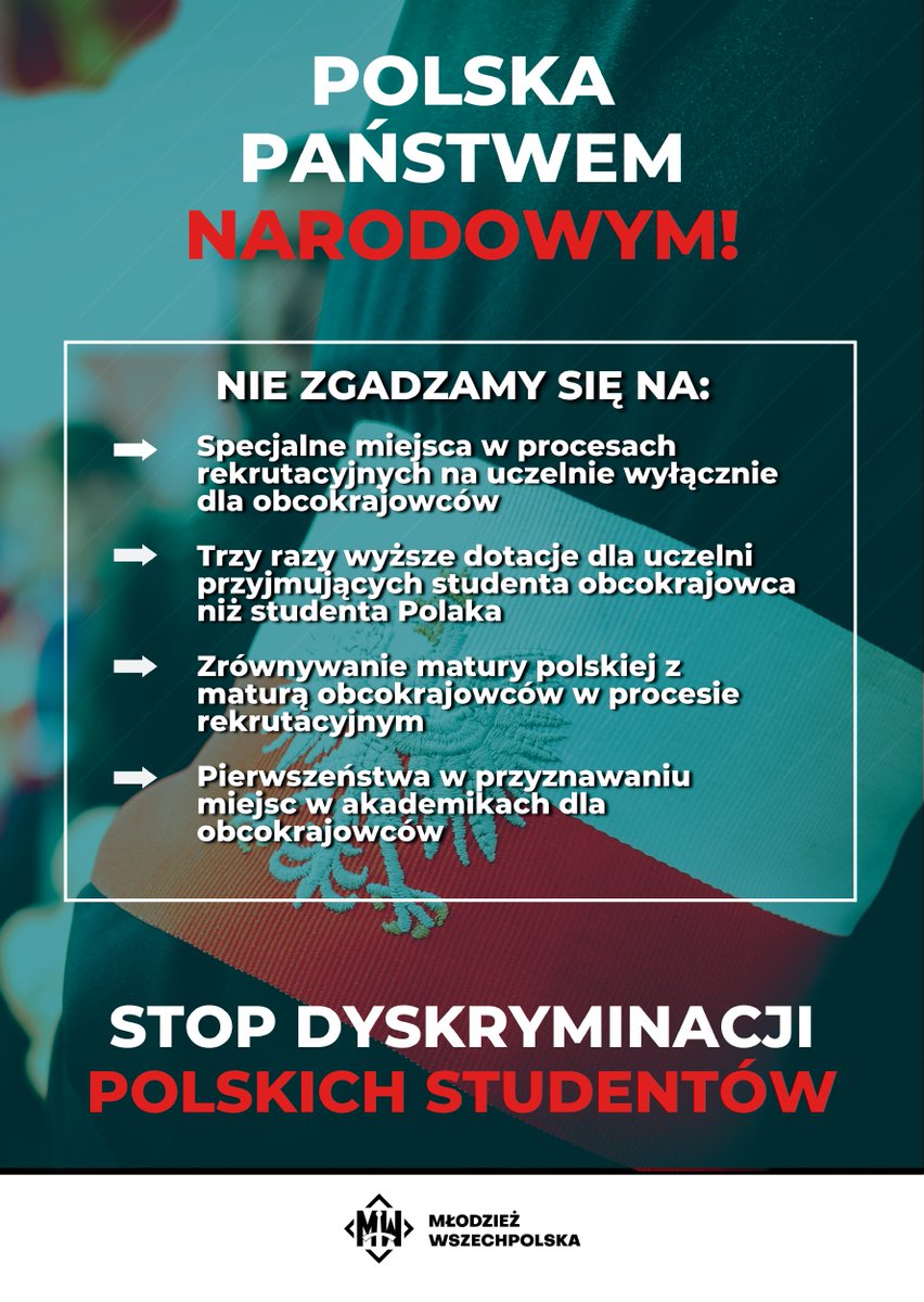 ALeszczynski10's tweet photo. Żadnych przywilejów dla obcokrajowców w Polsce!

Zjawiska takie jak:
👉bonusy przy rekrutacji
👉wyższe dotacje na cudzoziemców 
👉zrównywanie matur polskich z maturami cudzoziemców
👉pierwszeństwo w dostępie do akademika
- uderzają w polski interes narodowy!

#NajpierwPolacy https://t.co/DqOUBRZFm2
