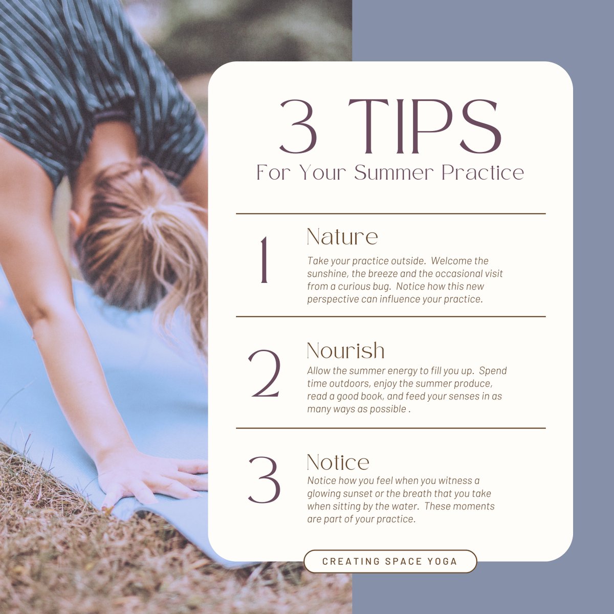 Baddha's tweet photo. What does your summer practice feel and look like?

Do you practice outdoors?  Does your practice move off of your mat and onto the golf course or into the water?  Do you meditate with the sunrise or sunset?  Do you like the change in pace, or do you prefer consistency?  

Share https://t.co/PiTj7Gq8Ic