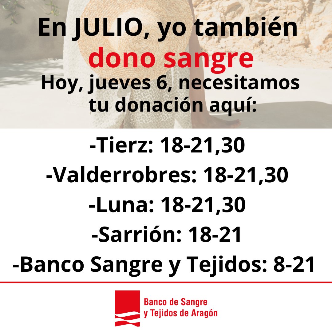 BncSangreAragon's tweet photo. ❤❤❤ ¡Jueves, 6 de julio! 🌞Un poco de tu verano, da mucha vida🌞 Hoy nos encontrarás aquí:
😍 #opelzaragoza : 9,30-14,30
😍 #tierz (Ayto): 18-21,30
😍 #valderrobres (C. Salud): 18-21,30
😍 #lunazaragoza (C. Cultura):18-21,30
😍 #sarrion (Local Municipal): 18- 21 https://t.co/X13acGjsUi
