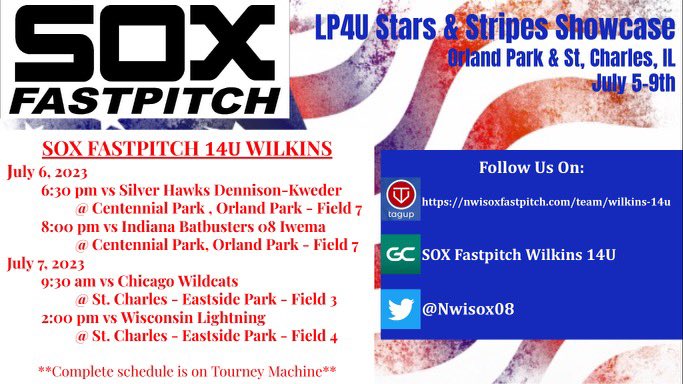 Looking forward to the LP4U Stars and Stripes Showcase!  Come out and watch us play! @NwiSox08 @LakeCentralSB @nwisoxfastpitch