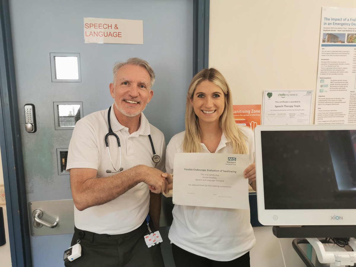 StockportSLT's tweet photo. Our clinical lead Jessica has achieved her Level 2b FEEs 👃 competence. 🙌 We are very proud of you and our fantastic FEEs service. Thank you as always to Mark for his excellent knowledge and support! 🧠. #FEEs #rcslt @NWestRCSLTHub @RCSLT @FEESVFCEN @StockportNHS @SNHSCharity https://t.co/c5BOvvX8UD