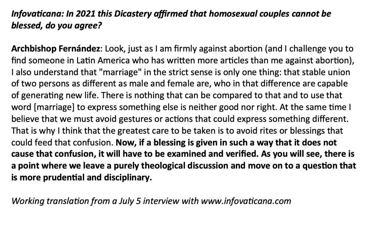 EdwardPentin's tweet image. In a new interview with @Infovaticana, Archbishop Fernández expresses an openness to same-sex blessings if they don’t “feed confusion” over the meaning of marriage between a man and a woman. infovaticana.com/2023/07/05/vic…: