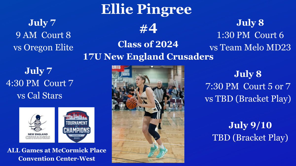 elliepingree (@elliepingree) on Twitter photo Here's my schedule for the Champion's League at the Nike TOC in Chicago! Hope to see you there! <a href="/necrusaders/">New England Crusaders</a> <a href="/niketoc/">Nike Tournament of Champions</a> <a href="/HerHoopsNetwork/">Her Hoops Network</a> <a href="/BashHoopsNE/">Bash Hudson</a> Here's my schedule for the Champion's League at the Nike TOC in Chicago! Hope to see you there! <a href="/necrusaders/">New England Crusaders</a> <a href="/niketoc/">Nike Tournament of Champions</a> <a href="/HerHoopsNetwork/">Her Hoops Network</a> <a href="/BashHoopsNE/">Bash Hudson</a>