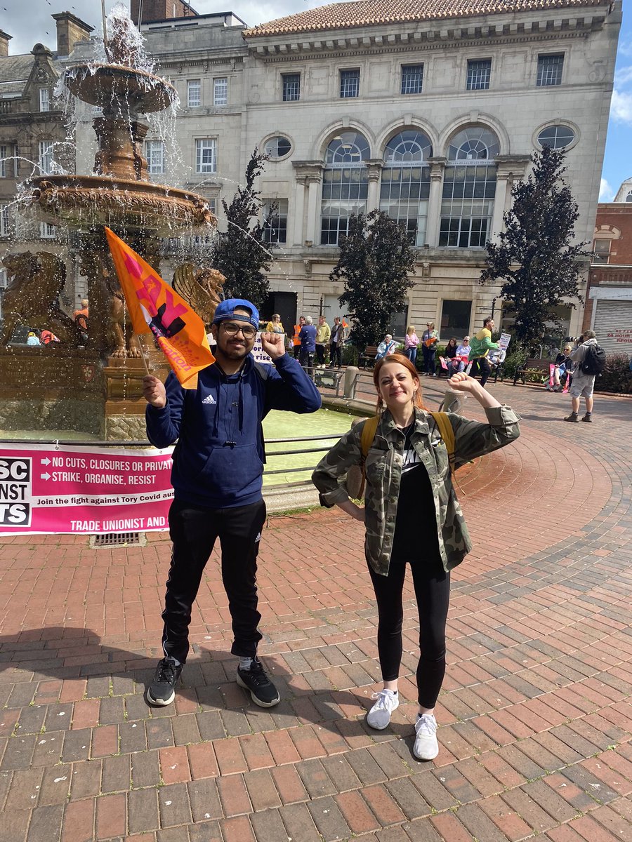 Our Equalities officer <a href="/Dyl_28_an/">Dyl28An</a> and our secretary <a href="/spicytrev/">Claire Trevor</a> were at the <a href="/LeicesterNeu/">Leicester NEU</a> <a href="/NEUEastMidlands/">NEU East Midlands</a> Rally today in Leicester to support the striking teachers. East Midlands Hospitality stands with you! #SaveOurSchools #payup #TeacherStrike