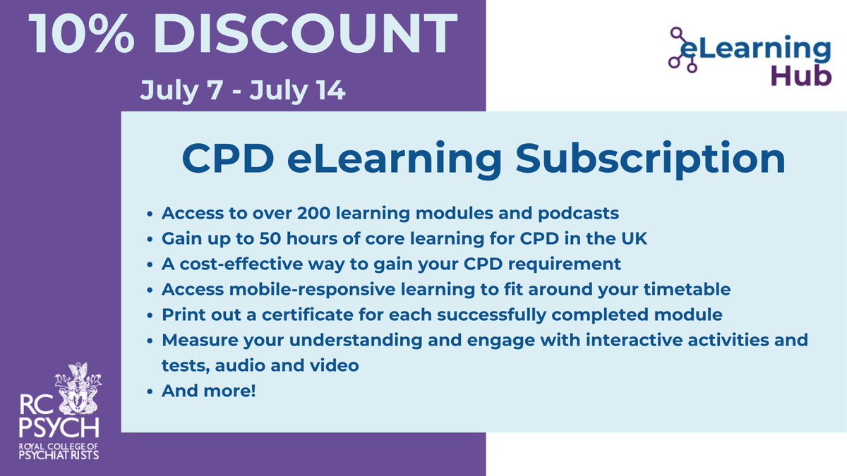 rcpsych_eLearn's tweet photo. Next week is @rcpsych #InternationalCongress! To celebrate, we are offering 10% off individual #CPDeLearning #subscriptions from now until Friday, July 14.
Simply log in or create an account to receive your 10% #discount!
🔗➡️https://t.co/hjjDN9nsQp
#RCPsychIC
#elearning https://t.co/COBlyUUkIv