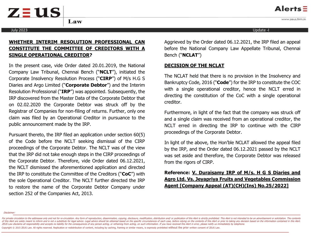 ZEUS News Alert: WHETHER INTERIM RESOLUTION PROFESSIONAL CAN CONSTITUTE THE COMMITTEE OF CREDITORS WITH A SINGLE OPERATIONAL CREDITOR? Read more: lnkd.in/d4AkPnMs
#lawupdates #nclt #law #creditors #resolution  #financialcreditor #financial #zeus #zeuslaw #legalupdates