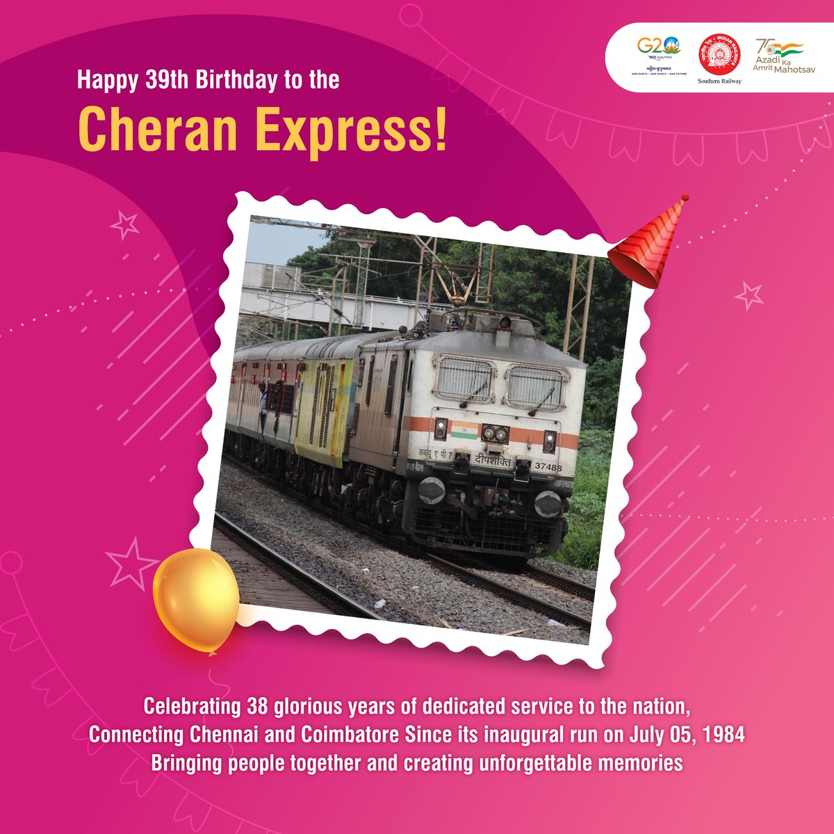 GMSRailway's tweet photo. Cheers to 39 years of Cheran Express, connecting hearts and destinations! 🎉🚆 Celebrating a legacy of reliable service and cherished memories. Here's to many more remarkable journeys ahead!
.
.
.
#SouthernRailway
#CheranExpress #Celebrating39Years https://t.co/tddJdZGz6R