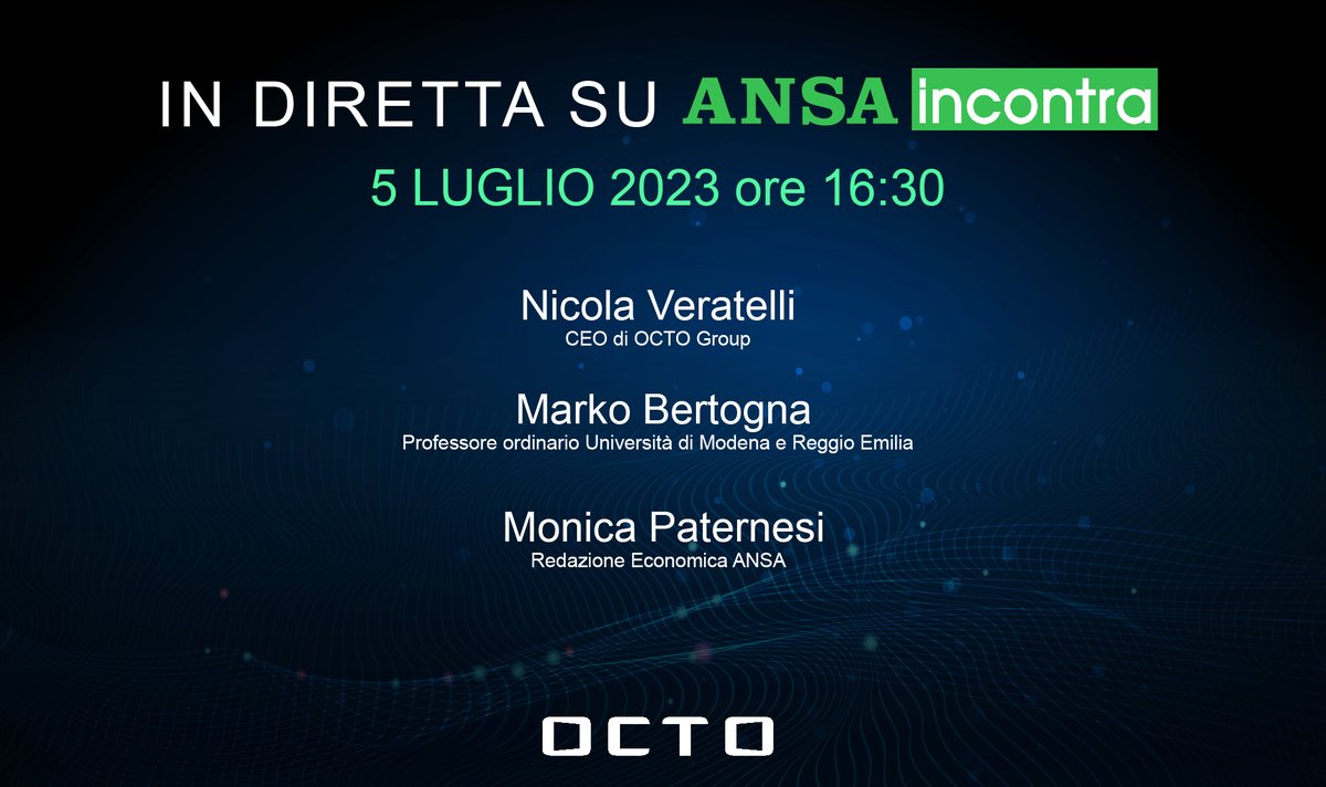 📣#ANSA Incontra!
Nicola Veratelli, CEO di #OCTO Group e Marko Bertogna,  Prof ordinario presso #unimore, presenteranno il loro progetto di collaborazione fra imprese e università per l’innovazione nelle città italiane.
Segui la diretta:octotelematics.com/blog/ansa-inco…