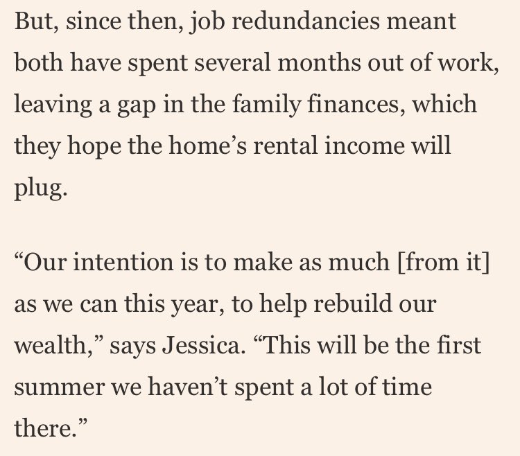 banker life in 3 acts:

1) 2020- buy beach house to WFH

2) 2022- bank forces return to NYC office

3) 2023- lose banking job so only income is renting out beach house:

on.ft.com/44t0wLI