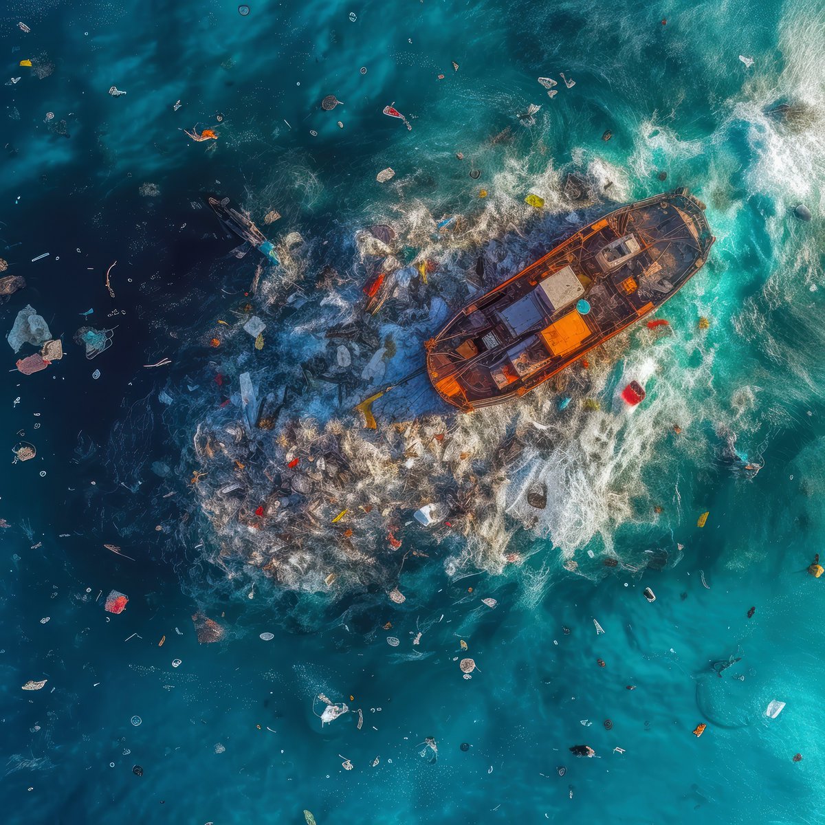 TheBainersAI's tweet photo. Aerial of the Great Pacific Garbage Patch. A collection of marine debris in the North Pacific Ocean. Marine debris is litter that ends up in oceans, seas, and other large bodies of water. #midjourney #aiartcommunity #AIArtwork #pacificgarbage #MidjourneyAI https://t.co/fyK90mJSqD