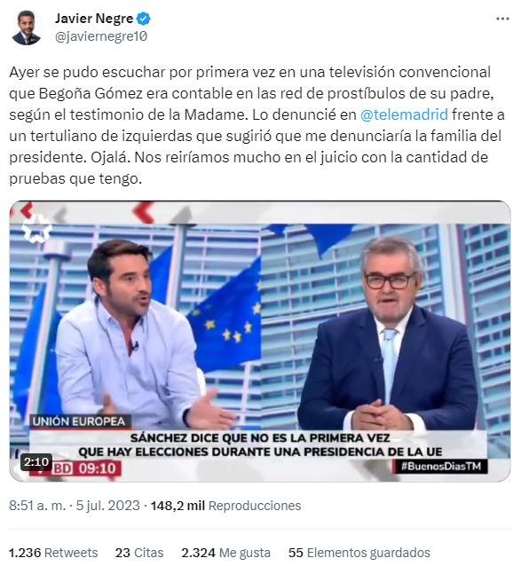 JulianMaciasT's tweet photo. Hoy en Telemadrid Negre difundiendo un bulo sobre la esposa de Pedro Sánchez.
Hace 2 días uno de sus periodistas lanzó el bulo del magrebí.
Hace una semana ponían el vídeo de Vito Quiles con el bulo del público de El Hormiguero que elegía Pedro Sánchez.
Lo pagamos y lo permitimos https://t.co/PWK4Z0DN2m