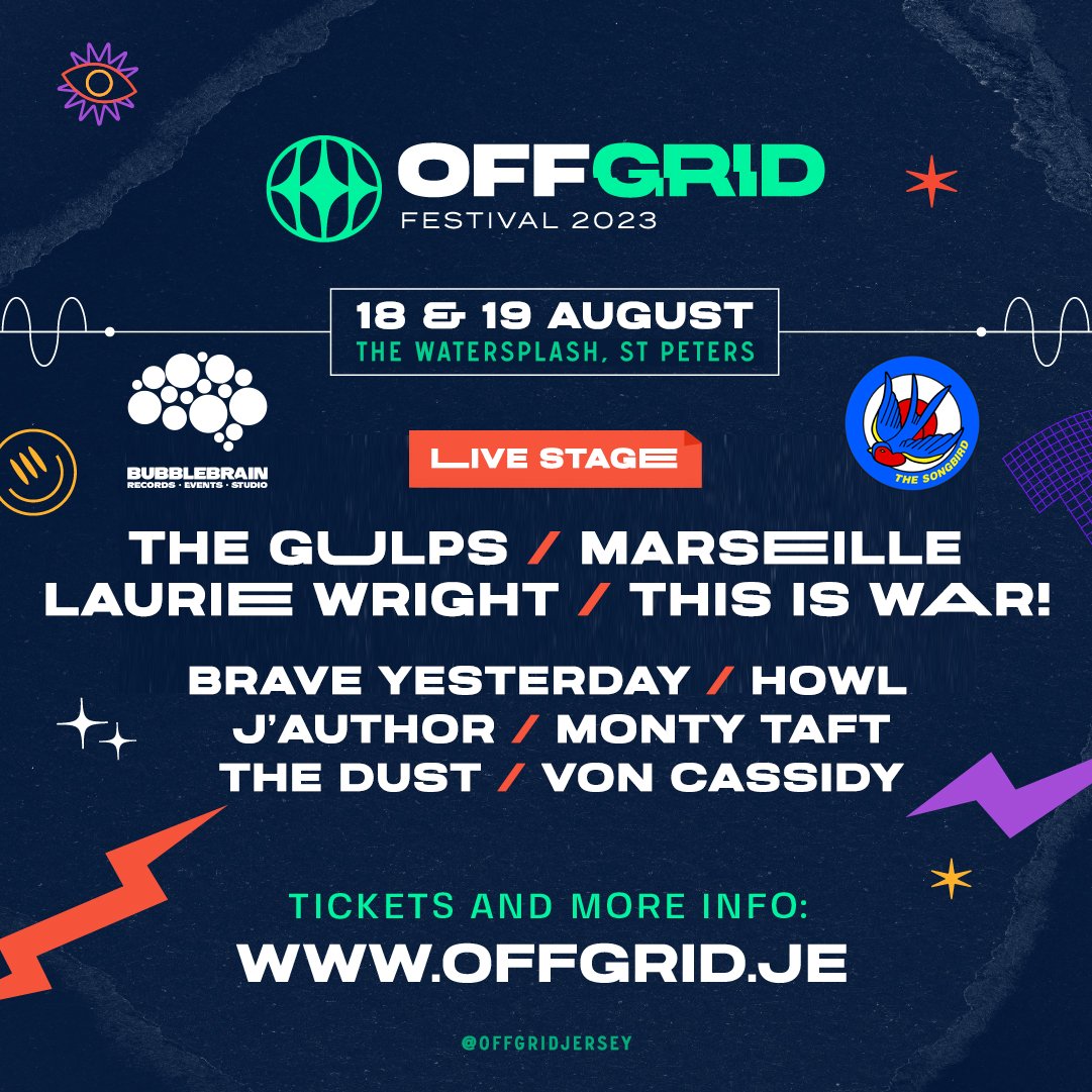 OFF GRID Festival #Bubblebrainrecords Live Stage just got even bigger! Join us at The @TheWatersplash on Fri 18th & Sat 19th August 2023! GET TICKETS > offgrid.je #offgridjersey #jerseyci #channelislands