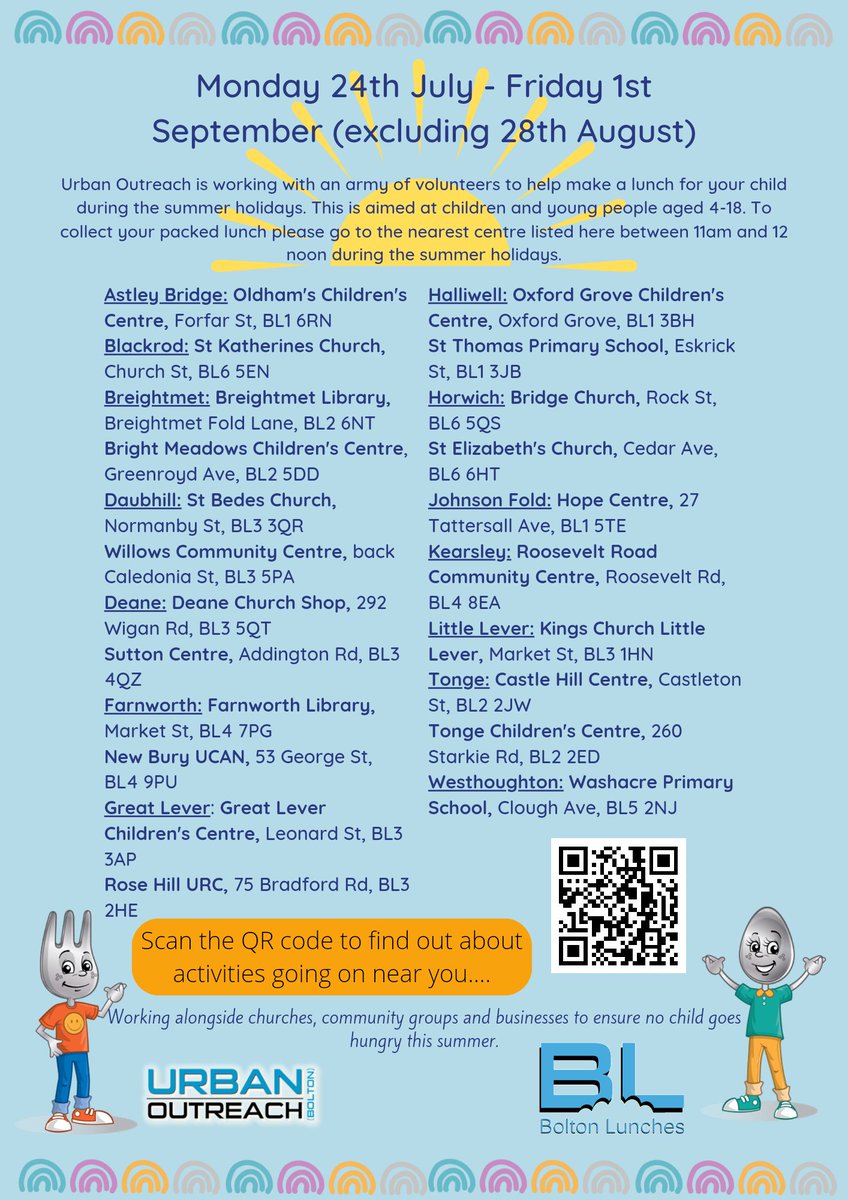 1/3
🍏🍎#BoltonLunches is back!

Over the 6 weeks summer holidays Bolton Lunches will be here again providing lunches at sites across Bolton for any child age 4-18 to collect.

To find out where your nearest site is take a look at the list.
