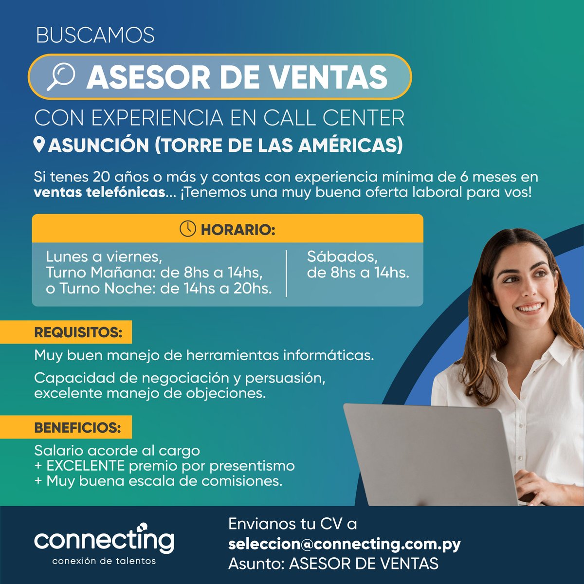 Tips para la postulación 👇🤩
➡ Contamos con filtros automáticos. Coloca el asunto indicado para que tu correo sea tomado en cuenta.
➡ El no cumplimiento de los requisitos EXCLUYENTES hace que el CV se elimine de la base de datos para futuras búsquedas.

#OportunidadLaboral