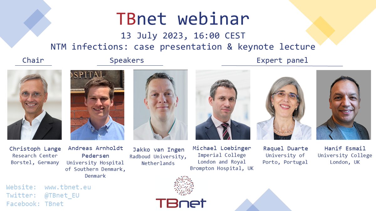 Great TBnet webinar coming! 
July 13 16:00 CET - NTM infections - non-tuberculous micobacteria &amp; others on stage!
<a href="/van_jakko/">Jakko van Ingen</a> <a href="/RaquelAFDuarte/">Raquel Duarte</a> <a href="/ChristophLange/">Christoph Lange</a> 
tbnet.eu/post/tbnet-web…