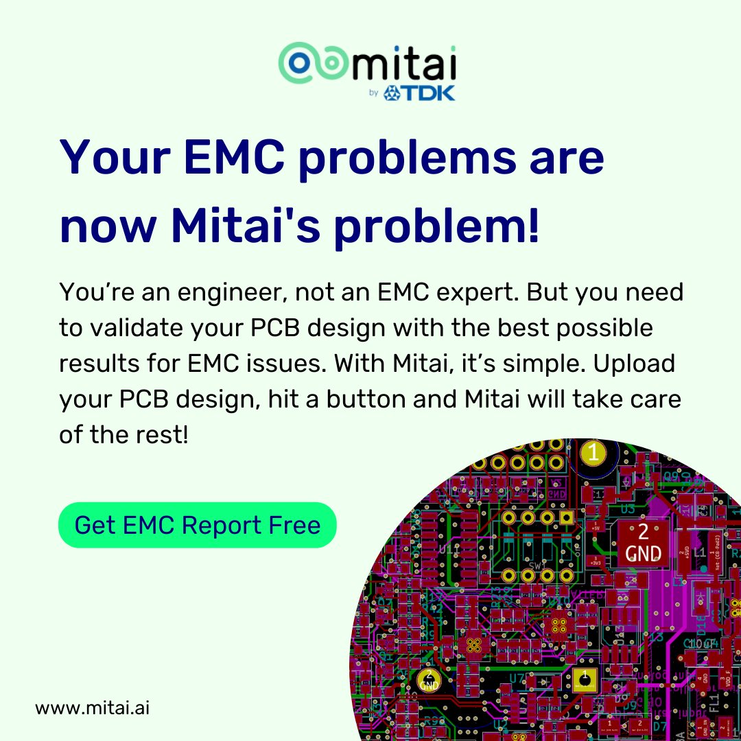 denpaflux's tweet image. You are an engineer, not an EMC expert. With Mitai, it’s simple! Upload your PCB design and hit a button to get everything from a list of issues and recommendations to solve EMC issues.

Talk to us about your EMC problems at eu1.hubs.ly/H04ndqS0

#EMCproblem #EMCissues