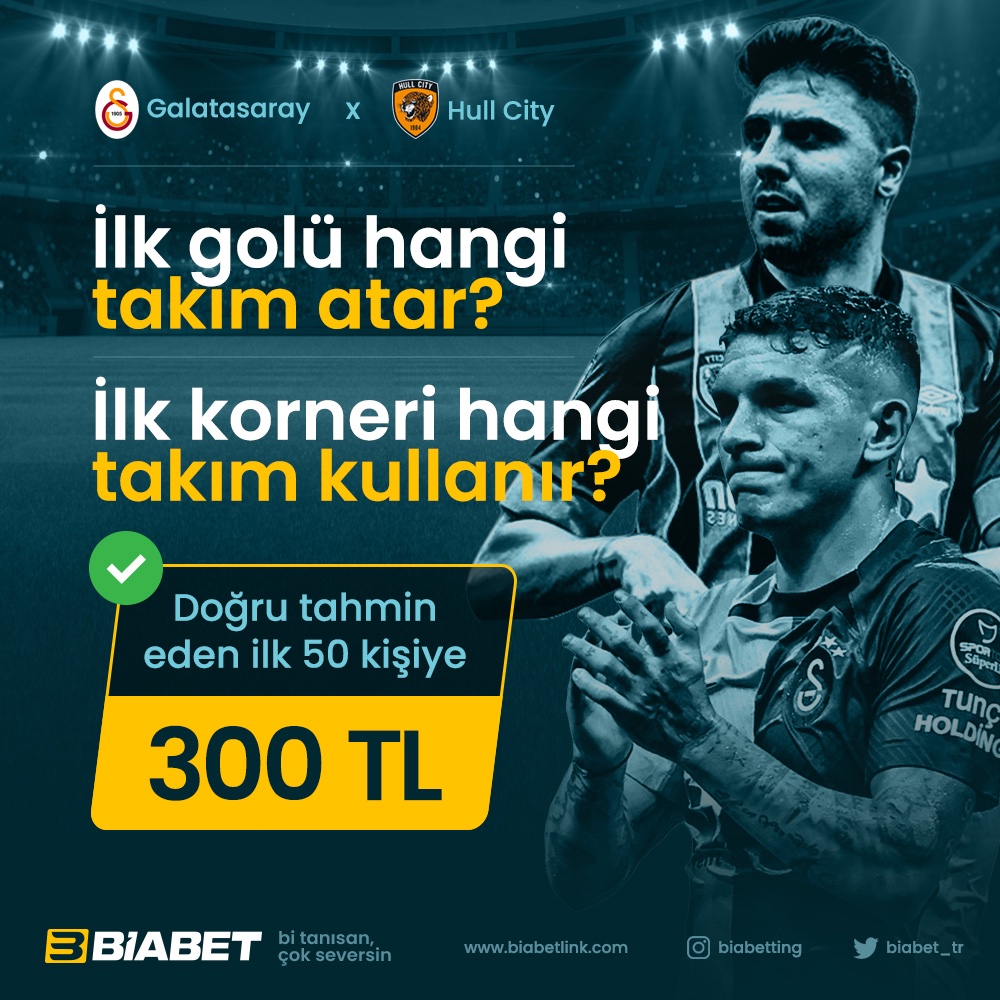 Biabet’ten Bir Etkinlik Daha⚡

Galatasaray 🆚 Hull City maçında, İlk golü hangi takım atar ve ilk korneri hangi takım kullanır?  

İlk 50 kişiye 300₺🎁

👉RT yap 3 kişiyi etiketle   
👉Form açıklamasındaki tüm hesapları takip et  

‼ Formu doldur: l24.im/HN8el3