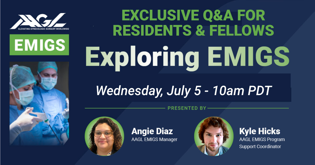 AAGL's tweet photo. Attention Residents & Fellows! TODAY is your day to learn all about the AAGL EMIGS Program! Register for today’s Q&A session and take your career to the next level. Join us today July 5th at 10am PDT. Register here https://t.co/O2JgzLlF9u #EMIGS #AAGL #GYNfluencers @asokol72 https://t.co/uvm0yzSHfq