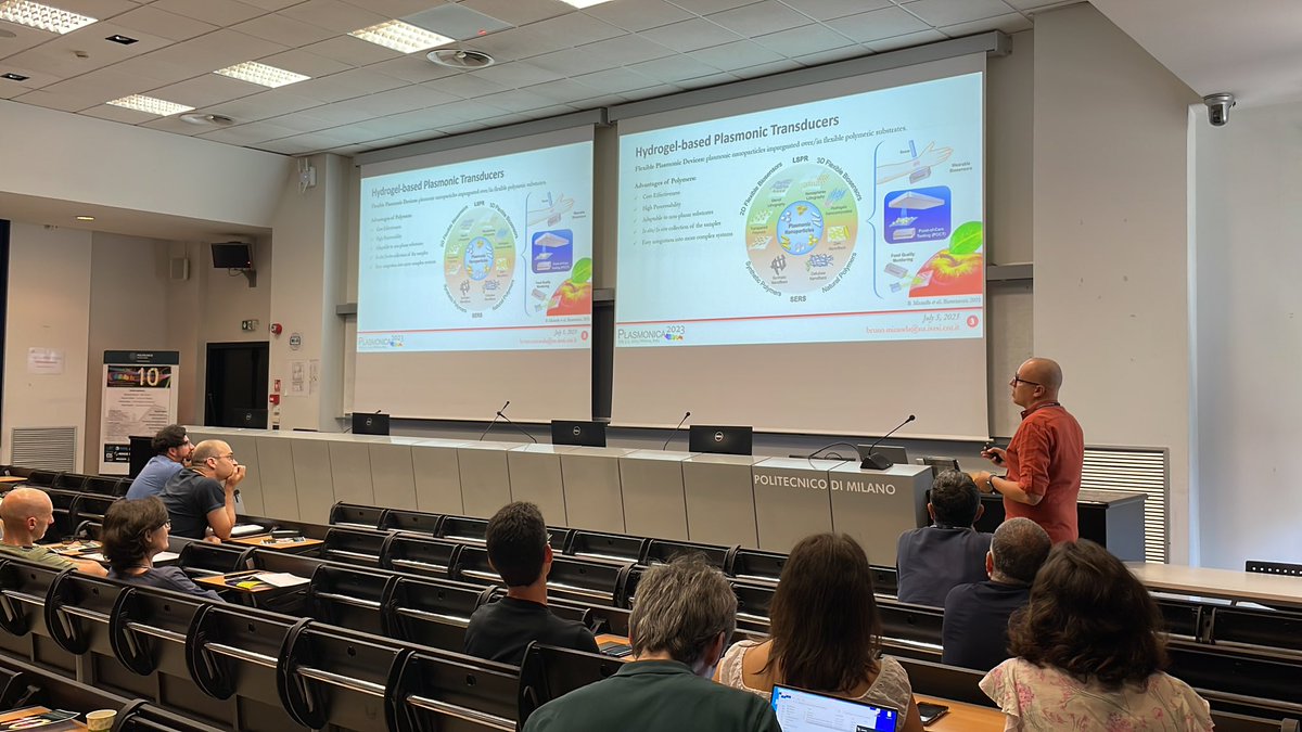 Plasmonica's tweet photo. Dr. Bruno Miranda from @UninaIT is now presenting recent results on multi-functional flexible plasmonic devices for food-quality monitoring and wearable sensing applications #PLASMONICA2023 https://t.co/MHIuEDXpR6